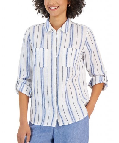 Women's Linen Metallic-Stripe Shirt Cerulean Sky Combo $17.17 Tops