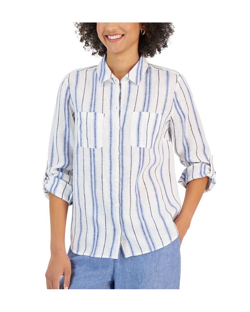 Women's Linen Metallic-Stripe Shirt Cerulean Sky Combo $17.17 Tops