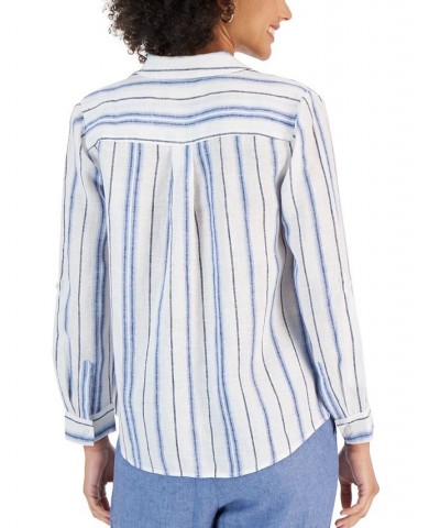 Women's Linen Metallic-Stripe Shirt Cerulean Sky Combo $17.17 Tops