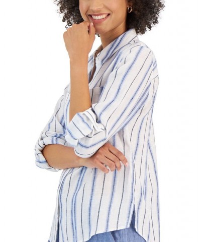 Women's Linen Metallic-Stripe Shirt Cerulean Sky Combo $17.17 Tops