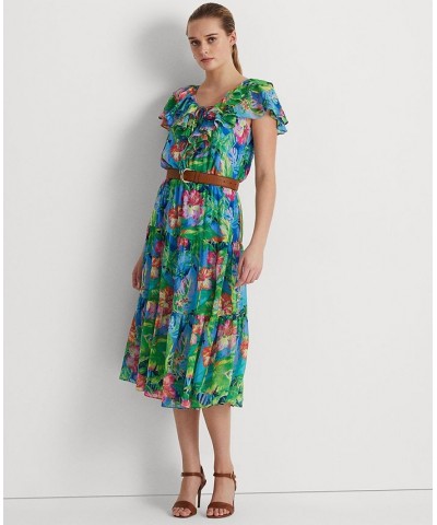 Women's Floral Crinkle Georgette Tiered Dress Green/blue Multi $79.95 Dresses