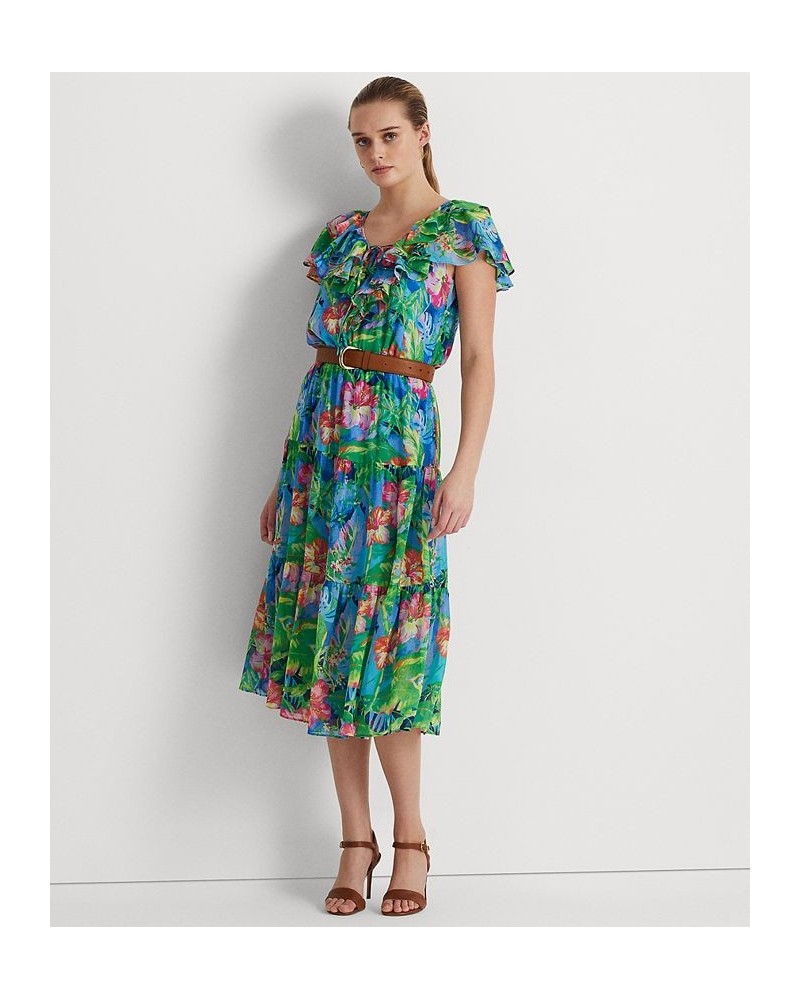 Women's Floral Crinkle Georgette Tiered Dress Green/blue Multi $79.95 Dresses