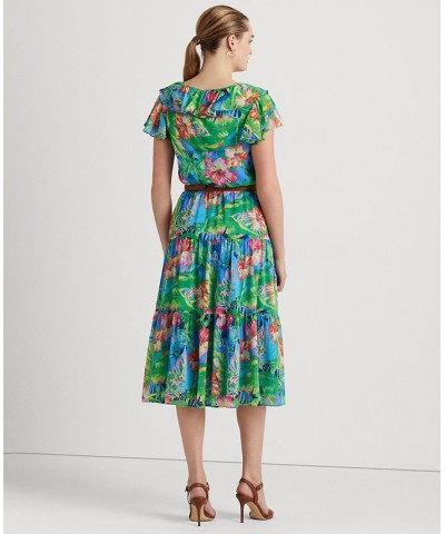 Women's Floral Crinkle Georgette Tiered Dress Green/blue Multi $79.95 Dresses