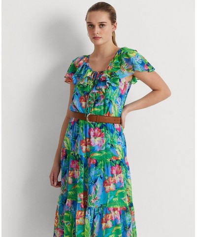 Women's Floral Crinkle Georgette Tiered Dress Green/blue Multi $79.95 Dresses