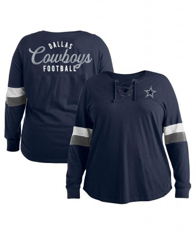 Women's Navy Dallas Cowboys Plus Size Athletic Varsity Lace-Up V-Neck Long Sleeve T-shirt Navy $33.63 Tops