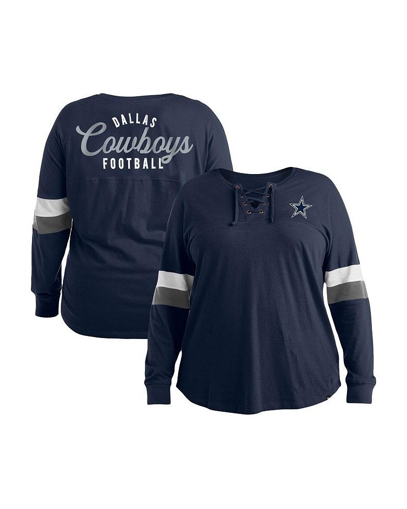 Women's Navy Dallas Cowboys Plus Size Athletic Varsity Lace-Up V-Neck Long Sleeve T-shirt Navy $33.63 Tops