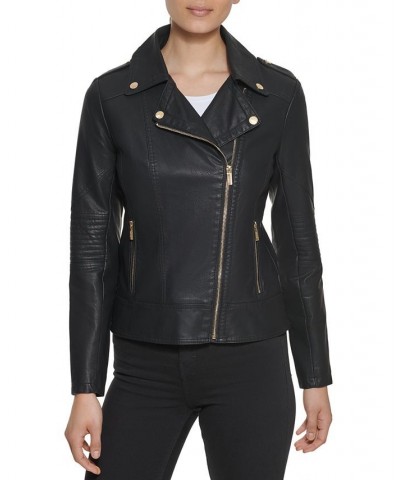 Women's Asymmetric Faux-Leather Moto Jacket Black $38.00 Coats