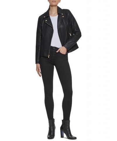 Women's Asymmetric Faux-Leather Moto Jacket Black $38.00 Coats