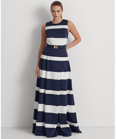 Women's Striped Belted Faille Gown French Navy White $142.00 Dresses