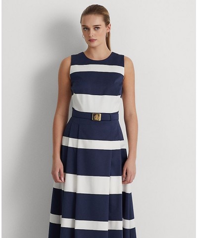 Women's Striped Belted Faille Gown French Navy White $142.00 Dresses