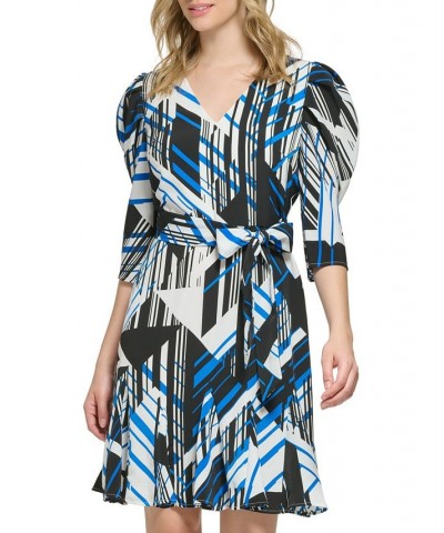 Women's Geo-Print Puff-Sleeve Short Dress Deep French Blue Combo $33.51 Dresses