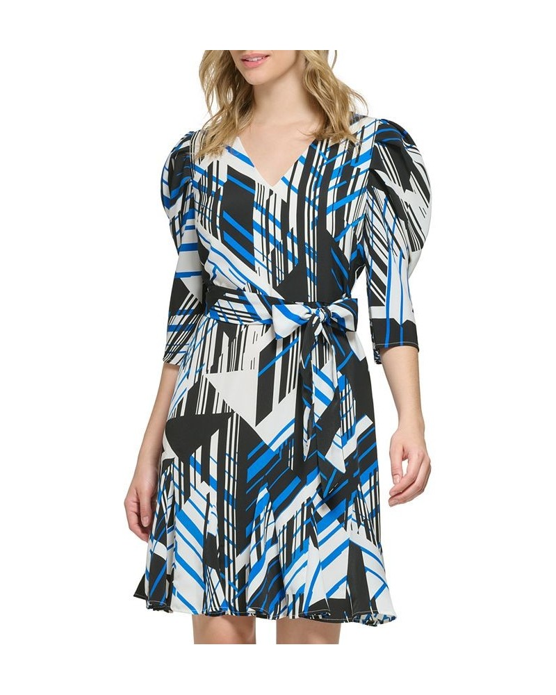 Women's Geo-Print Puff-Sleeve Short Dress Deep French Blue Combo $33.51 Dresses