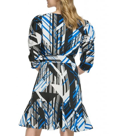 Women's Geo-Print Puff-Sleeve Short Dress Deep French Blue Combo $33.51 Dresses