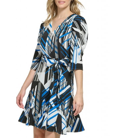 Women's Geo-Print Puff-Sleeve Short Dress Deep French Blue Combo $33.51 Dresses