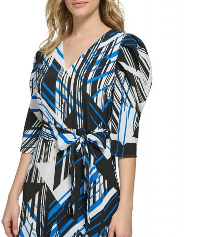 Women's Geo-Print Puff-Sleeve Short Dress Deep French Blue Combo $33.51 Dresses