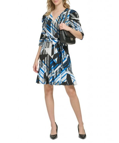 Women's Geo-Print Puff-Sleeve Short Dress Deep French Blue Combo $33.51 Dresses