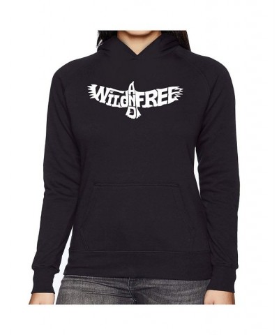 Women's Word Art Hooded Sweatshirt -Wild And Free Eagle Black $24.00 Sweatshirts