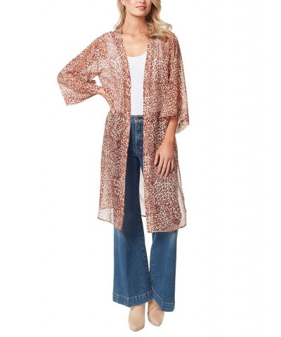 Women's Tina Printed Open-Front Duster Tan/Beige $20.75 Tops