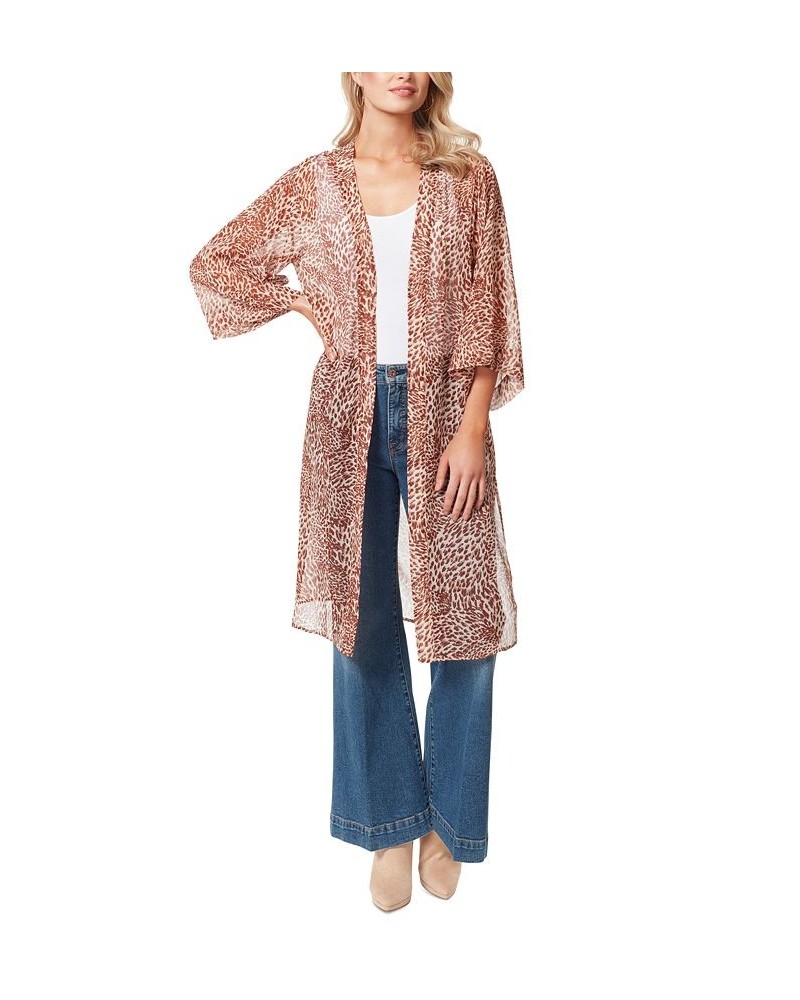 Women's Tina Printed Open-Front Duster Tan/Beige $20.75 Tops