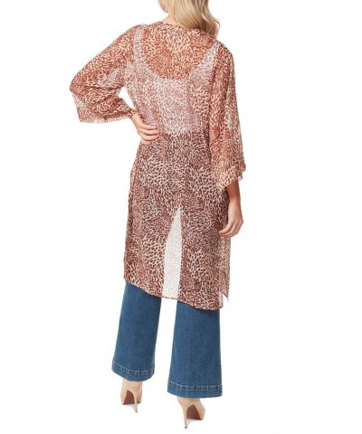 Women's Tina Printed Open-Front Duster Tan/Beige $20.75 Tops