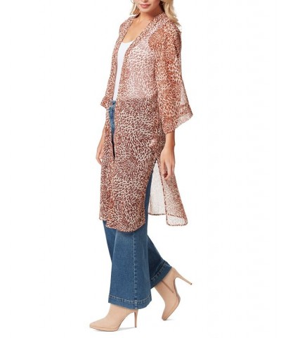 Women's Tina Printed Open-Front Duster Tan/Beige $20.75 Tops