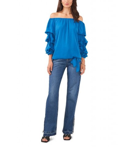 Women's Long Sleeve Off The Shoulder Rumple Blouse Lake Breeze $34.76 Tops