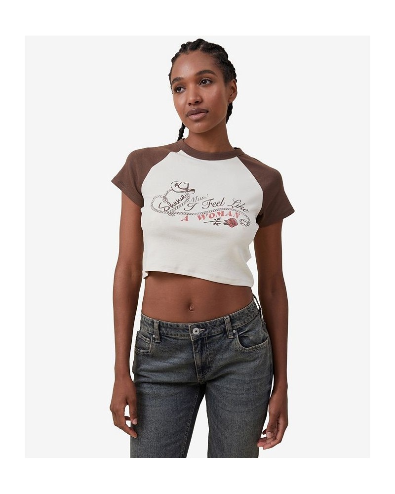 Women's Micro Fit Rib Raglan Music Graphic T-shirt Shania Twain Feel Like A Woman, Rich $21.59 Tops