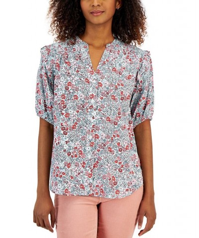 Women's Short Sleeve Smocked Yoke Top Aqua Multi $49.23 Tops