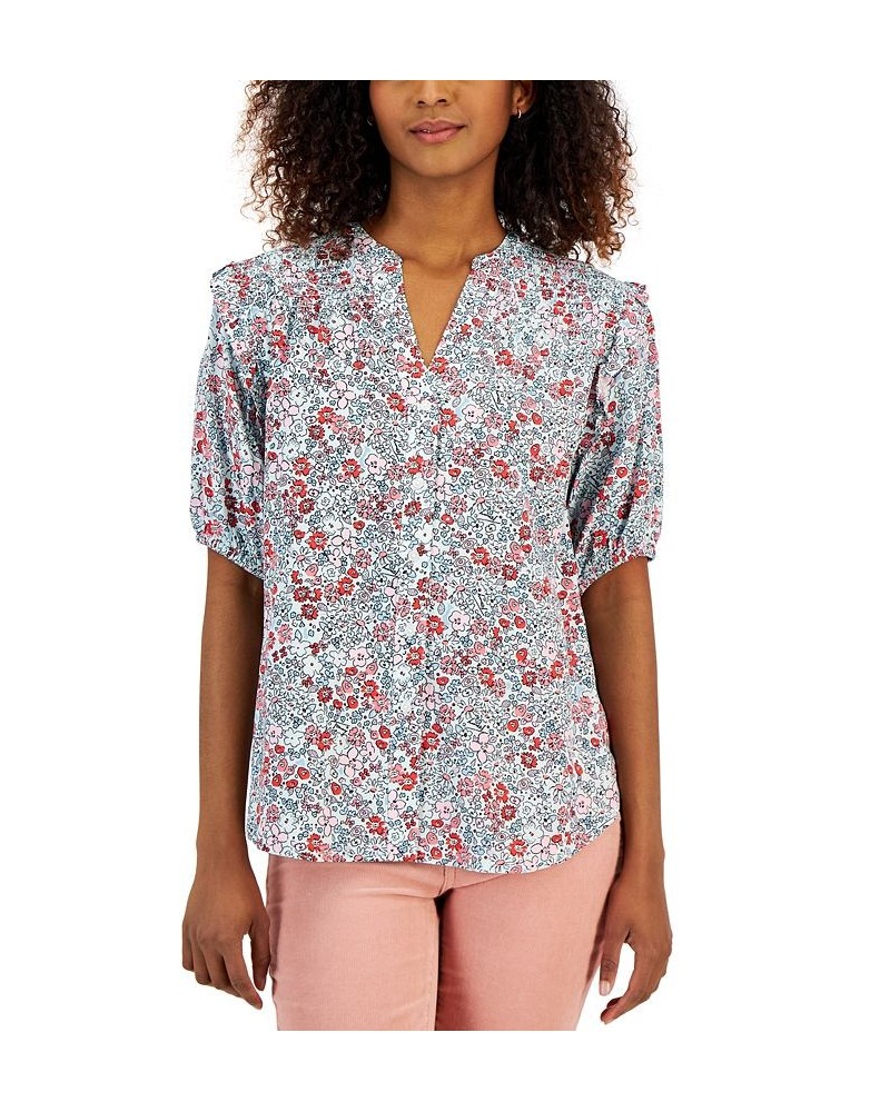 Women's Short Sleeve Smocked Yoke Top Aqua Multi $49.23 Tops