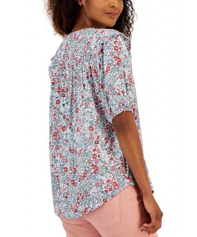 Women's Short Sleeve Smocked Yoke Top Aqua Multi $49.23 Tops