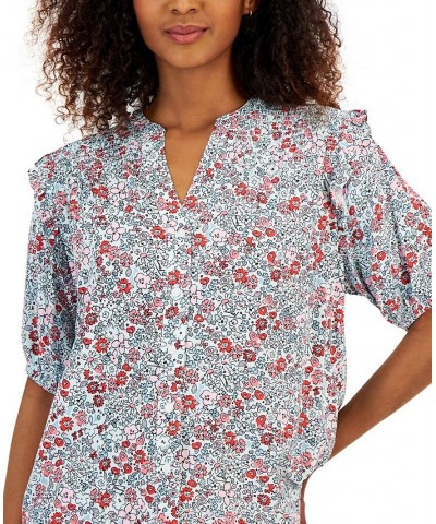 Women's Short Sleeve Smocked Yoke Top Aqua Multi $49.23 Tops