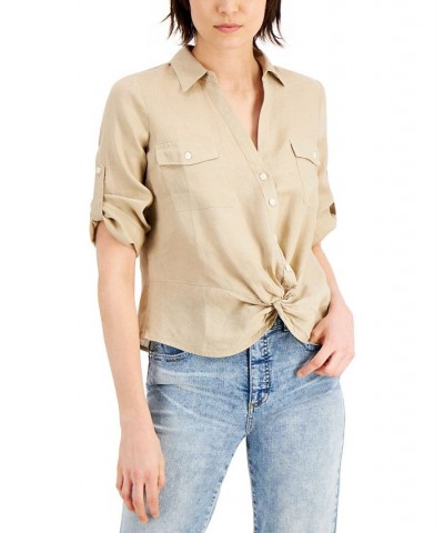 Women's Linen Twist-Hem Blouse Tan/Beige $27.37 Tops