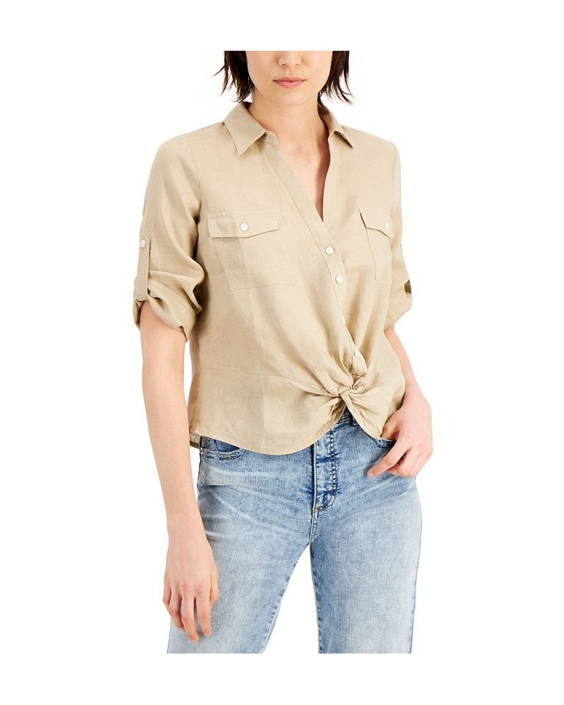 Women's Linen Twist-Hem Blouse Tan/Beige $27.37 Tops