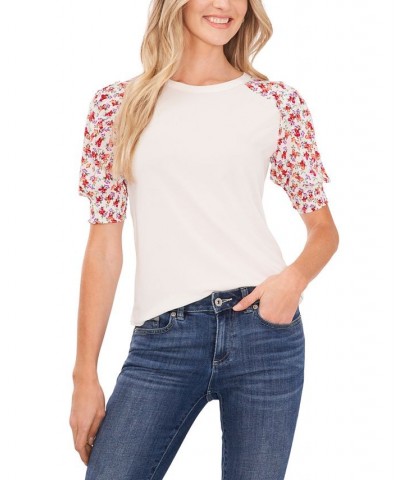 Women's Mixed-Media Puff-Sleeve Top New Ivory $14.70 Tops