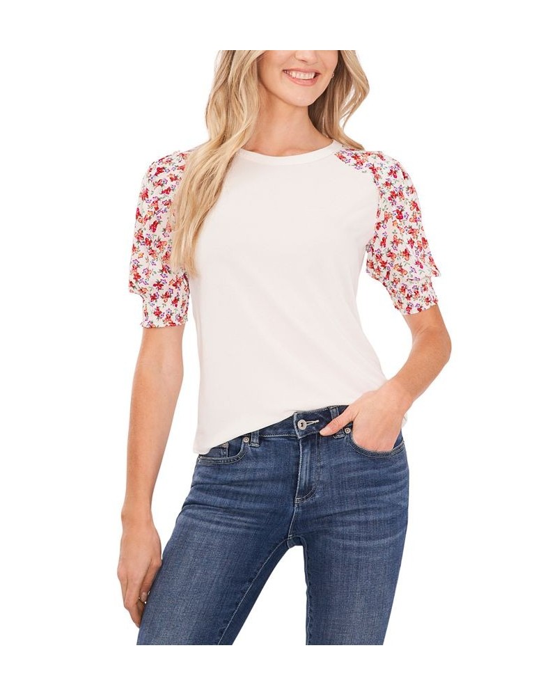 Women's Mixed-Media Puff-Sleeve Top New Ivory $14.70 Tops