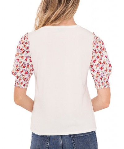 Women's Mixed-Media Puff-Sleeve Top New Ivory $14.70 Tops