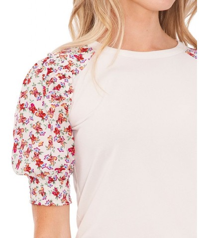 Women's Mixed-Media Puff-Sleeve Top New Ivory $14.70 Tops