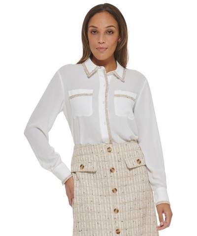 Women's Tweed Trim Button Down Blouse Cream Multi $49.50 Tops