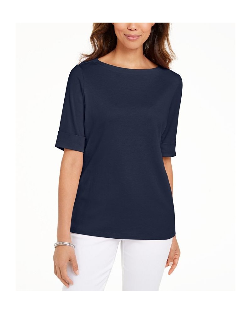 Petite Cotton Elbow-Sleeve T-Shirt Intrepid Blue $10.08 Tops