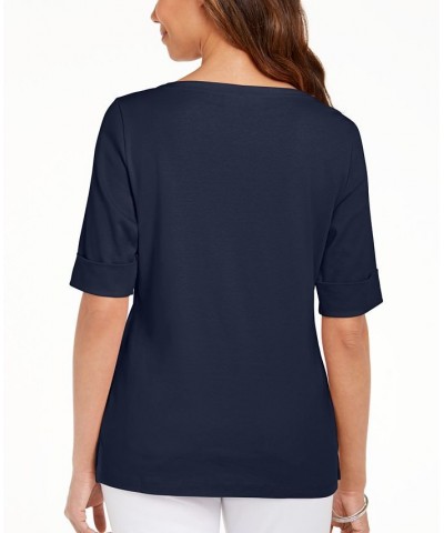 Petite Cotton Elbow-Sleeve T-Shirt Intrepid Blue $10.08 Tops