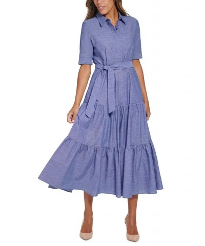 Petite Cotton Elbow-Sleeve Tiered Midi Shirtdress Dark Denim $66.78 Dresses