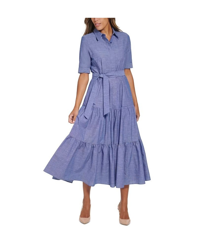 Petite Cotton Elbow-Sleeve Tiered Midi Shirtdress Dark Denim $66.78 Dresses