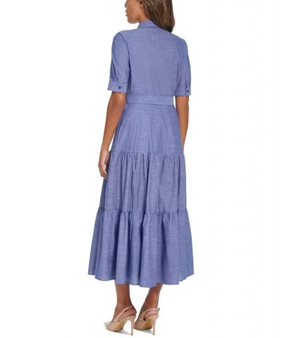 Petite Cotton Elbow-Sleeve Tiered Midi Shirtdress Dark Denim $66.78 Dresses