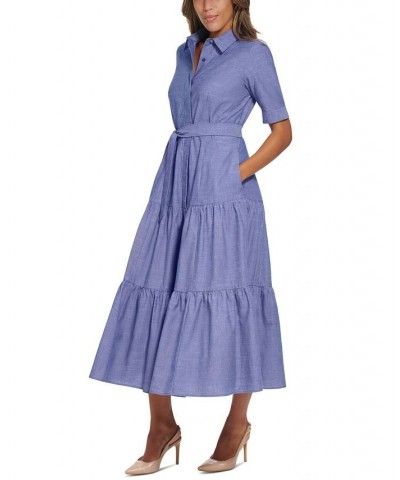 Petite Cotton Elbow-Sleeve Tiered Midi Shirtdress Dark Denim $66.78 Dresses