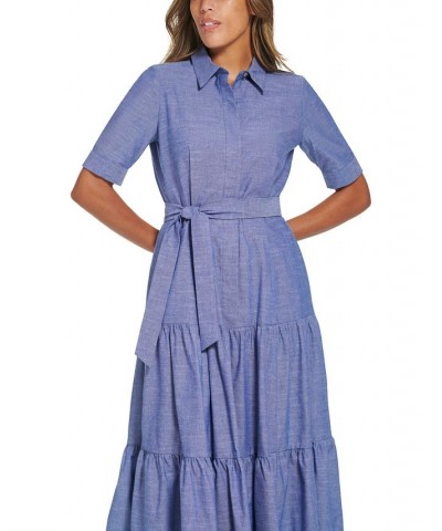 Petite Cotton Elbow-Sleeve Tiered Midi Shirtdress Dark Denim $66.78 Dresses