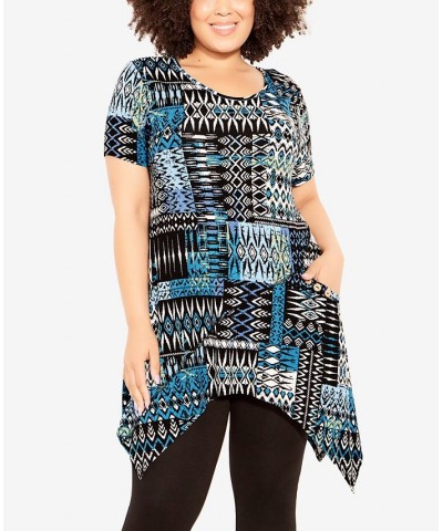 Plus Size Frida Pocket Print Tunic Blue Batik Patch $31.74 Tops