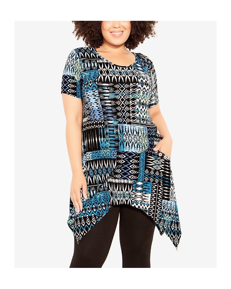 Plus Size Frida Pocket Print Tunic Blue Batik Patch $31.74 Tops