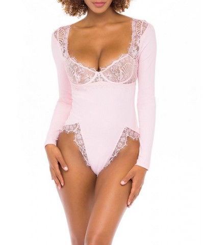 Ribbed Knit and Eyelash Lace Teddy Lingerie Bodysuit Pink $28.74 Lingerie