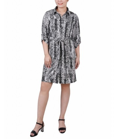 Petite 3/4-Sleeve Printed Shirt Dress Black Leosnake $15.17 Dresses