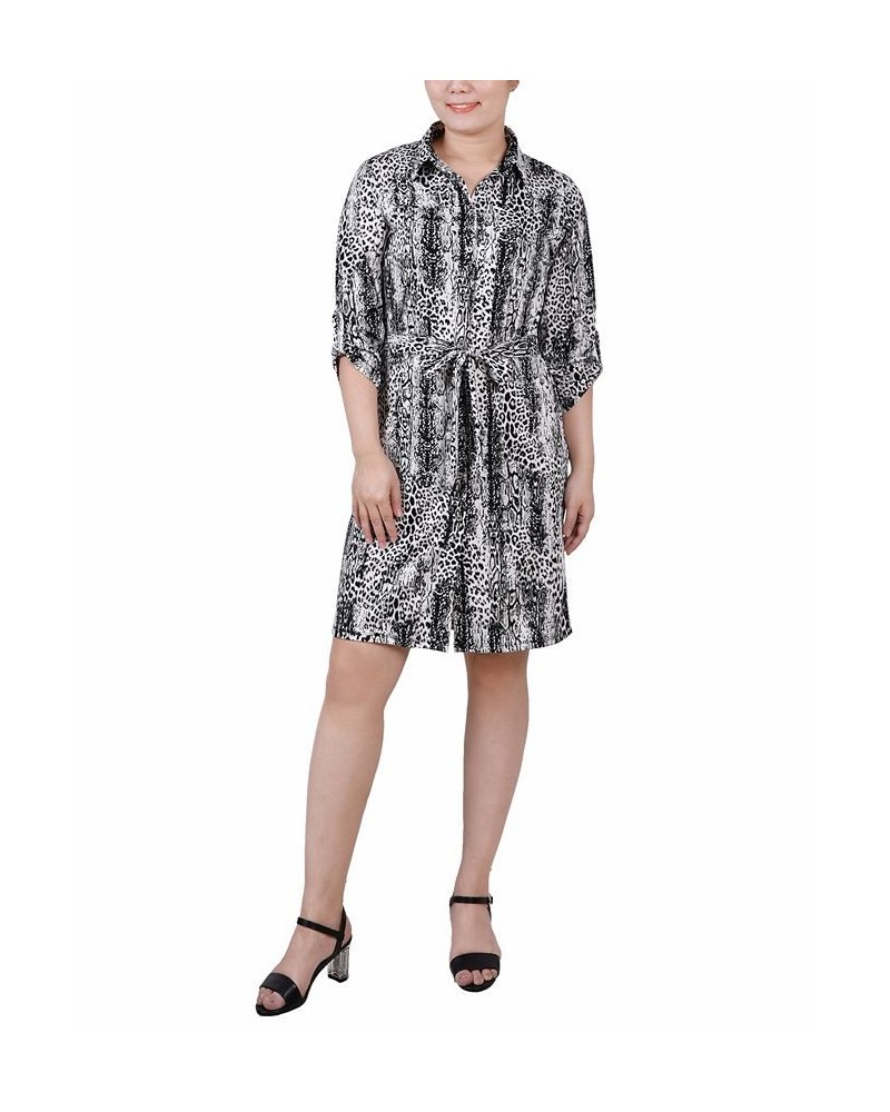 Petite 3/4-Sleeve Printed Shirt Dress Black Leosnake $15.17 Dresses